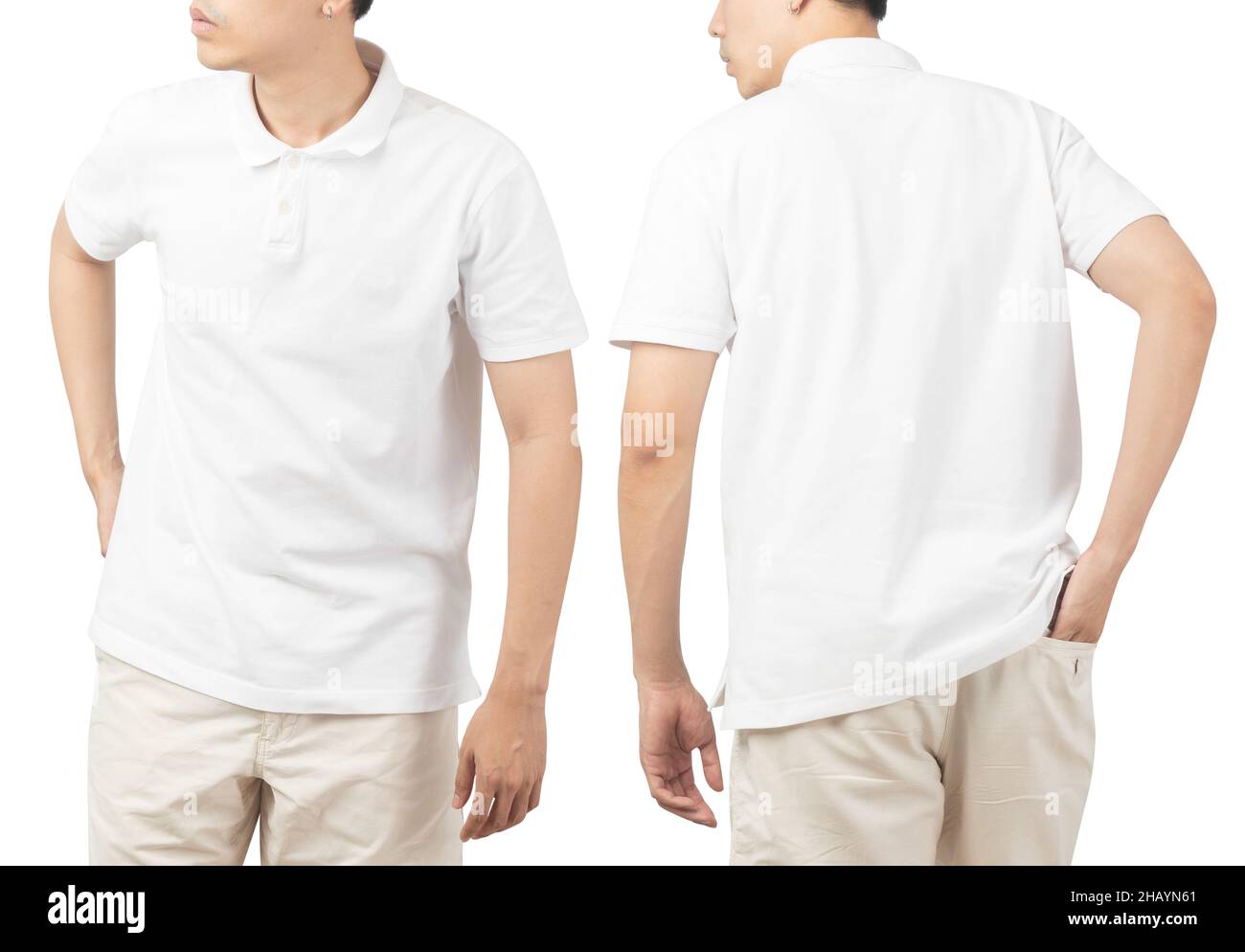 Junger Mann in leerem Polo T-Shirt Mockup vorne und hinten als Designvorlage verwendet, isoliert auf weißem Hintergrund mit Clipping-Pfad. Stockfoto