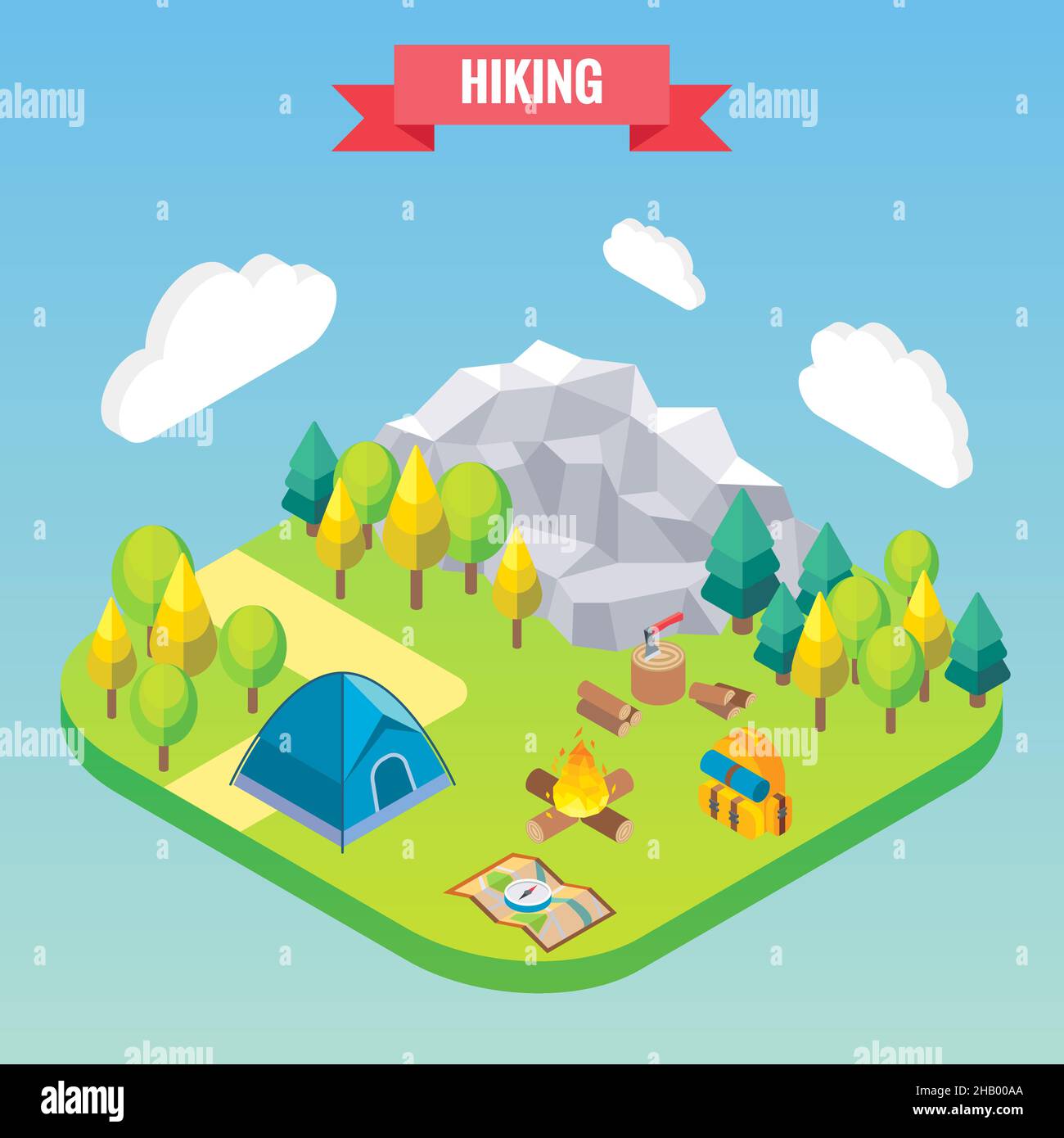 Wandern im Bergwald isometrisches Konzept. Vektorgrafik im flachen 3D-Stil. Aktivitäten im Freien Stock Vektor