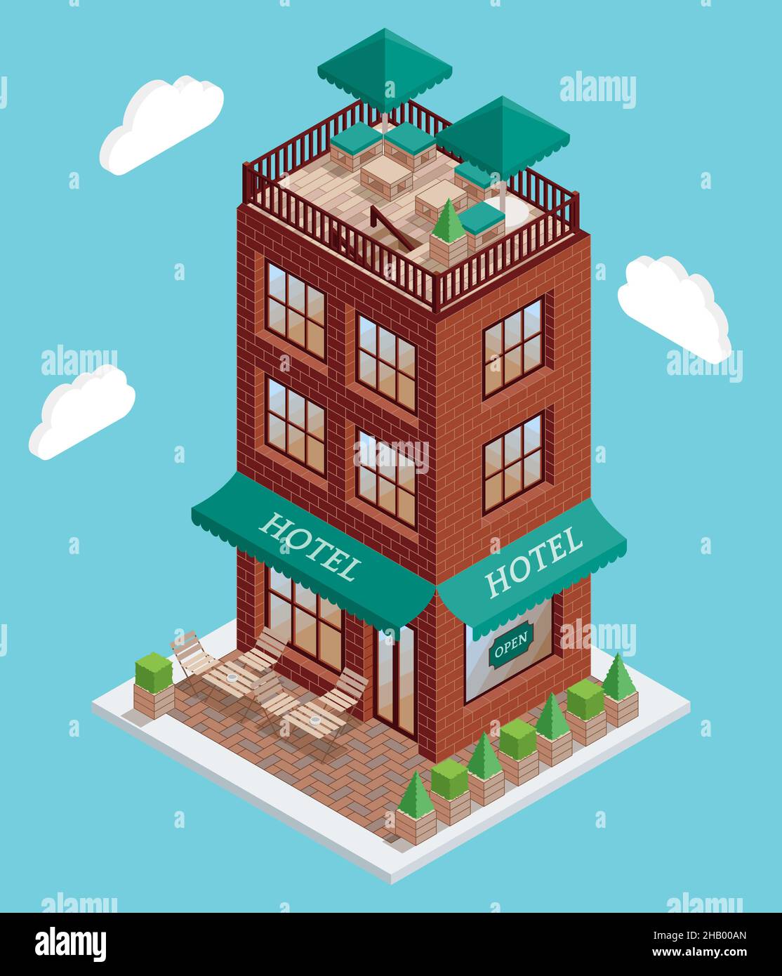 Hotel-Symbol im Vektor-isometrischen Stil. Abbildung in flacher 3D-ausführung. Isoliertes Hotelgebäude. Stadtarchitektur für Web- und Game-Design Stock Vektor