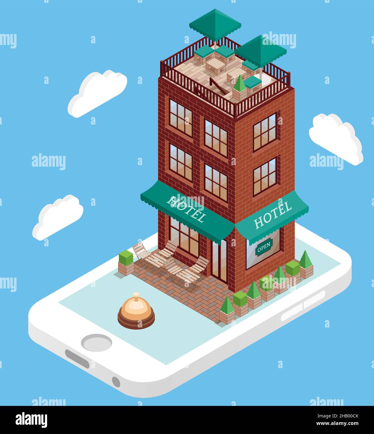 Hotelgebäude auf Handybildschirm im Vektor-isometrischen Stil. Hotelbuchung online mit dem Smartphone. Abbildung in flacher 3D-ausführung. Hotelgebäude Stock Vektor