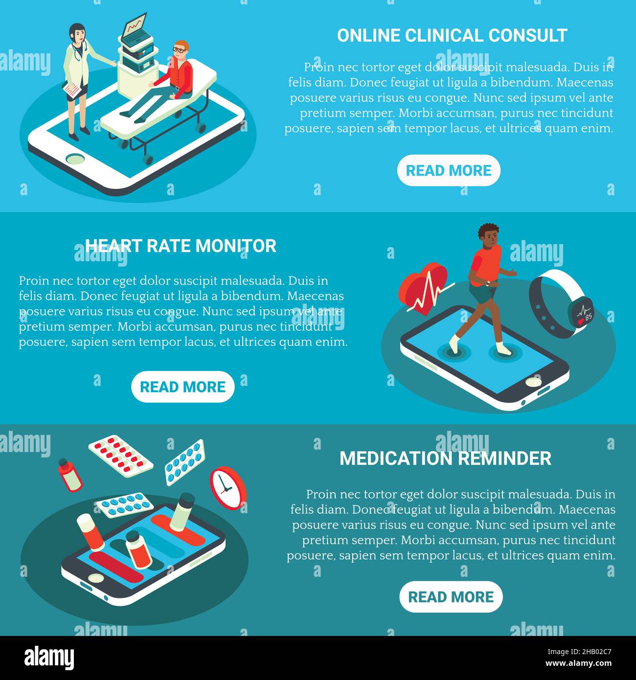 Online-medizinische Dienstleistungen Vektor flach isometrische horizontale Banner-Set Stock Vektor