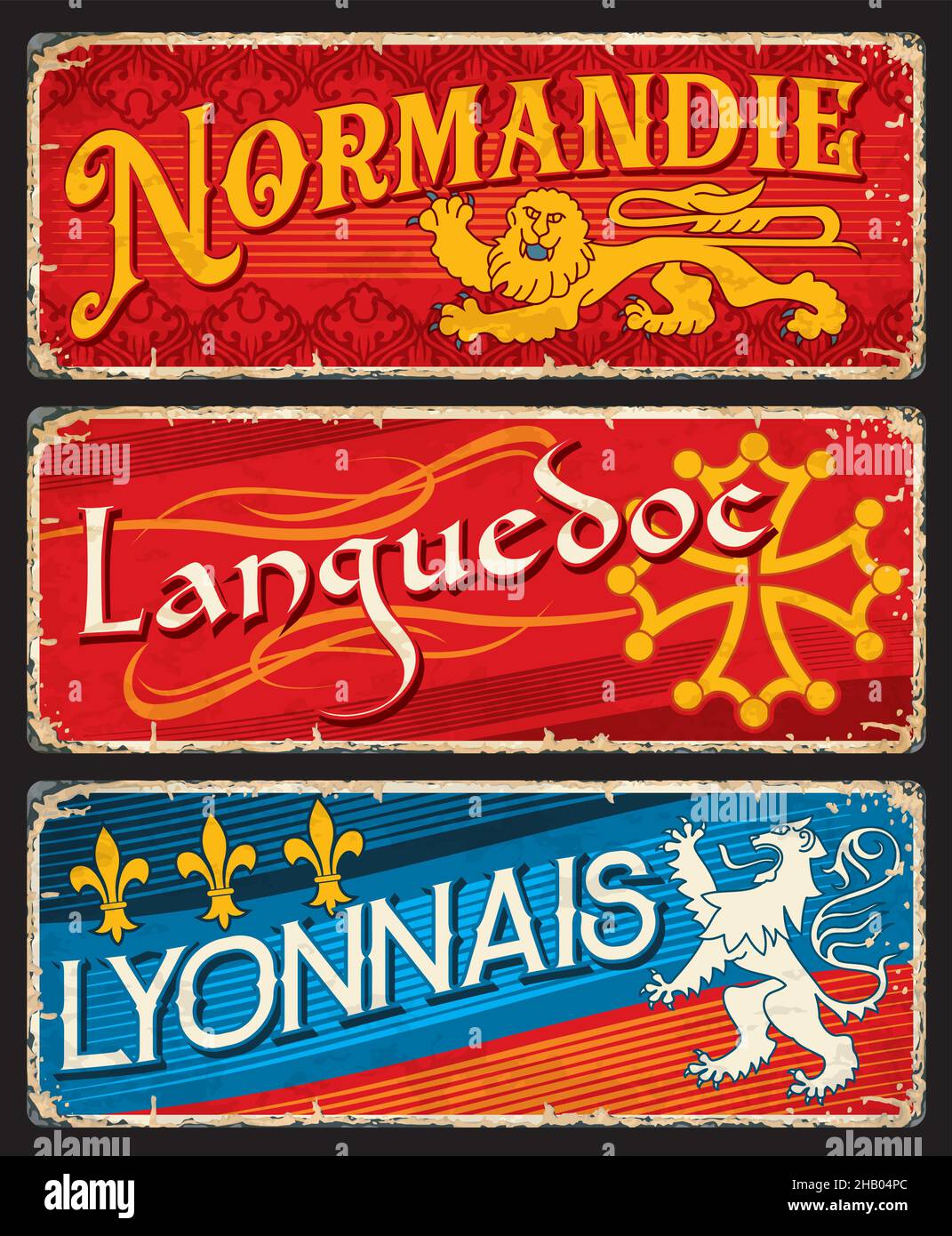 Normandie, Languedoc und lyonnais Regionen in Frankreich, Vektor-Vintage-Karten und Aufkleber. Retro-Schilder für Reisen oder alte Begrüßungsplakate und Postkarten so Stock Vektor