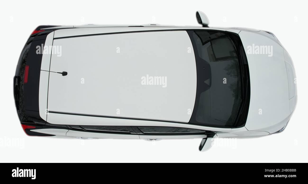 Weißer Heckklappe Auto über oben Drohne Ansicht isoliert Stockfoto
