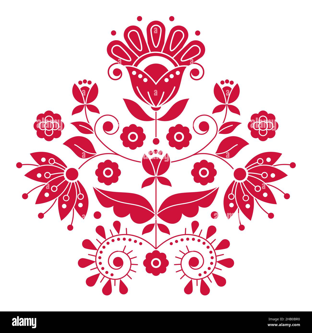 Skandinavisches niedliches Folk Art Vektor-Design, inspiriert von traditionellen Stickereien aus Schweden, Retro-Dekoration mit Blumen, Wirbeln und Blättern Stock Vektor