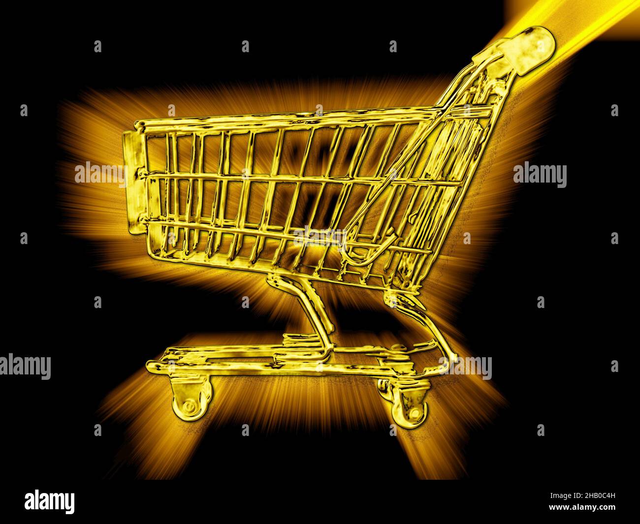Goldener Warenkorb auf schwarzem Hintergrund - Inflationskonzept Stockfoto