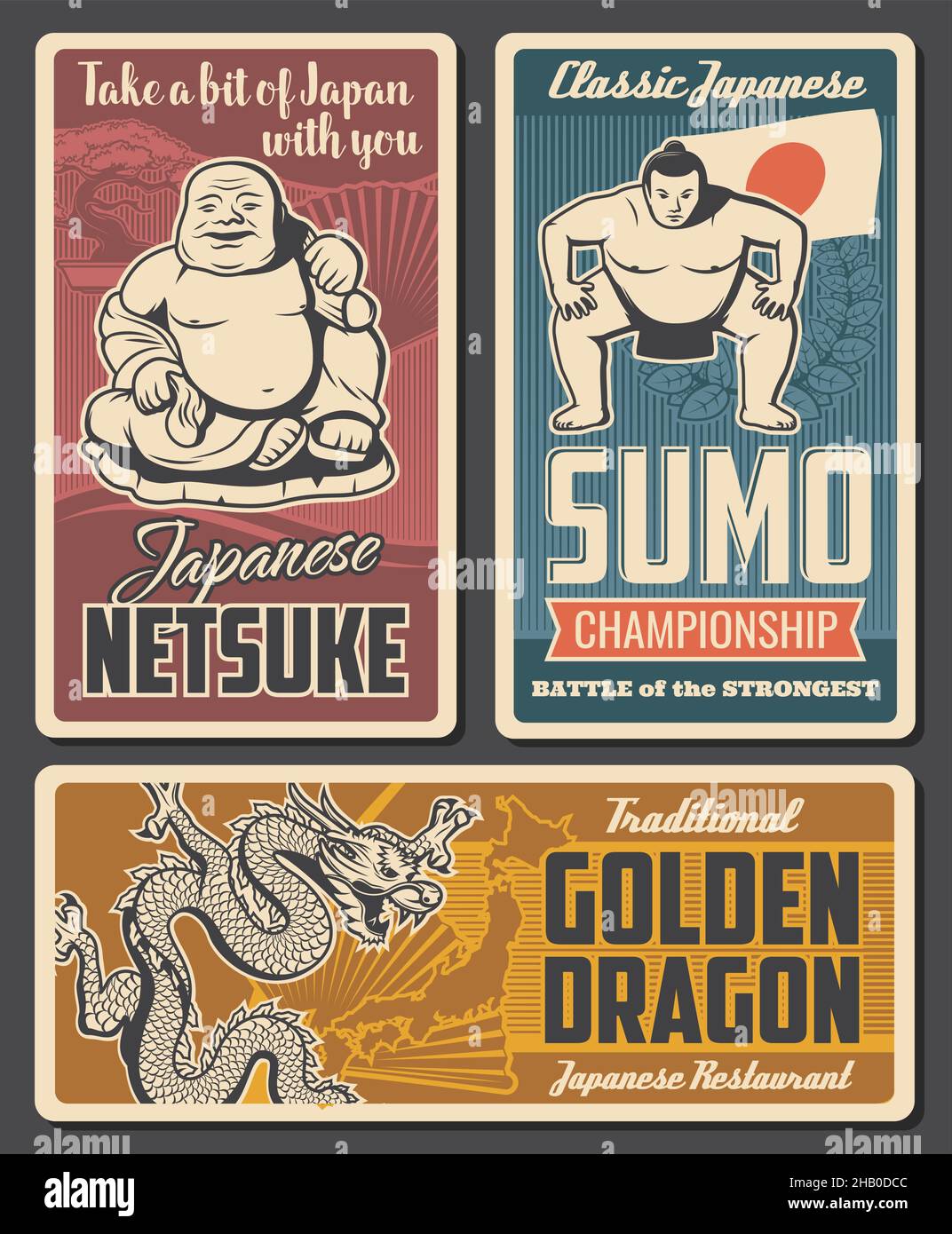 Japan Netsuke, Sumo-Turnier und Restaurant Retro-Poster. Hotei Buddha-Statue, Sumo-Wrestler und japanischer Drachenvektor. Japanische Kultur, nationale spo Stock Vektor