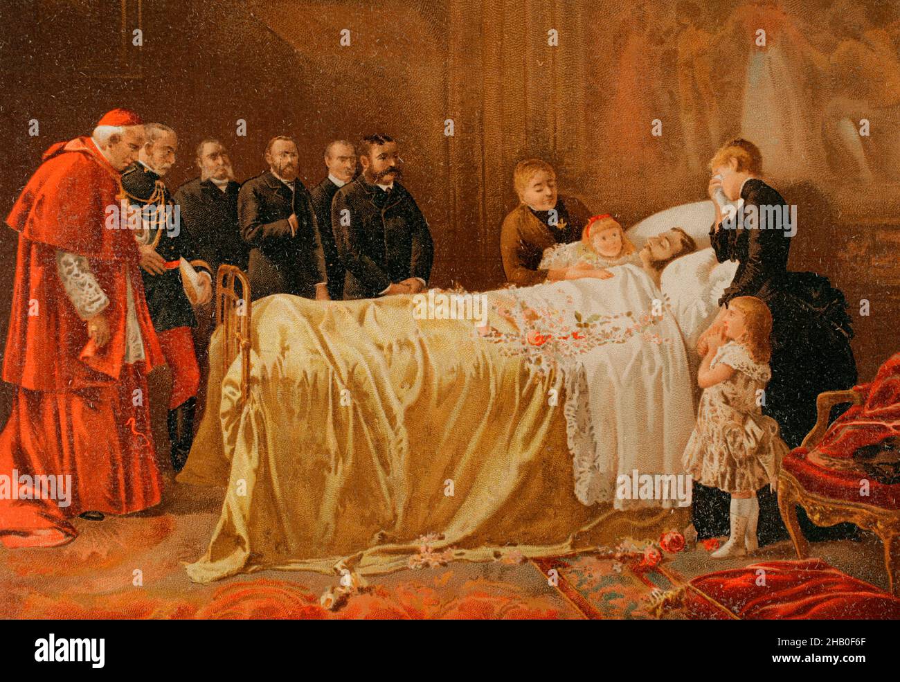 Tod durch Tuberkulose des Königs von Spanien, Alfonso XII (1857-1885) am 25. November 1885. Seine Witwe, Königin Maria Cristina, die zweite Frau des Monarchen, ist am Kopfende des Bettes dargestellt. Illustration nach dem Gemälde von Benlliure y Gil ('Tod von Don Alfonso XII, der letzte Kuss'). Chromolithographie. 'Historia General de España' (Allgemeine Geschichte Spaniens), von Miguel Morayta. Volumen IX. Madrid, 1896. Stockfoto