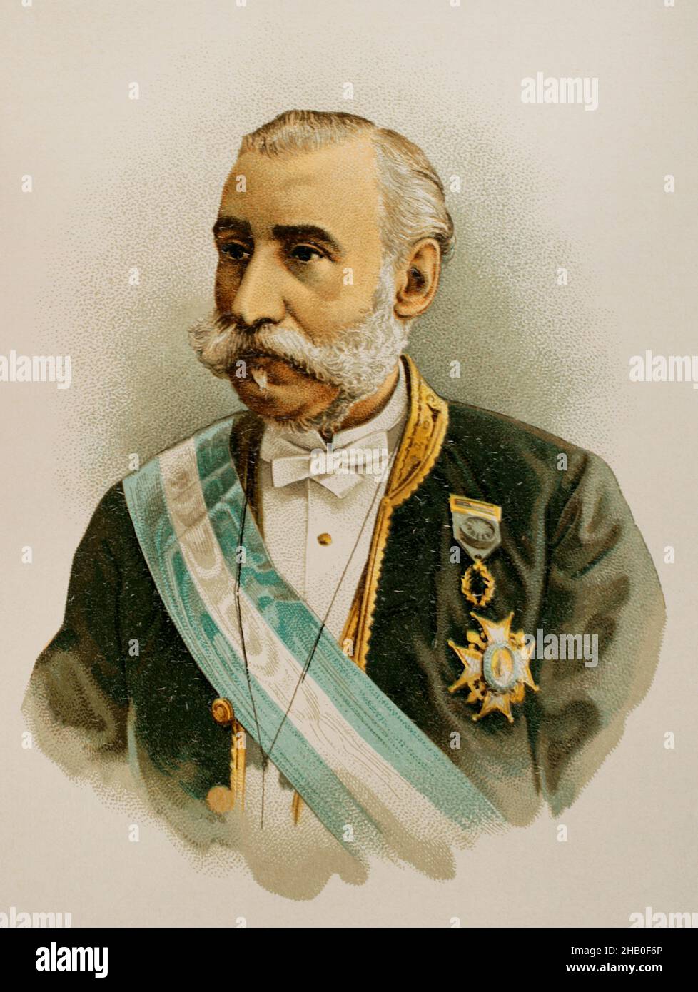 Manuel Alonso Martínez (1827-1891). Spanischer Jurist und Politiker und Hauptredakteur des spanischen Bürgerlichen Gesetzbuches. Präsident des Abgeordnetenkongresses im Jahr 1889. Minister für Öffentliche Arbeiten, Finanzen und Justiz und Gnade. Hochformat. Chromolithographie. 'Historia General de España' (Allgemeine Geschichte Spaniens), von Miguel Morayta. Band VIII. Madrid, 1894. Stockfoto