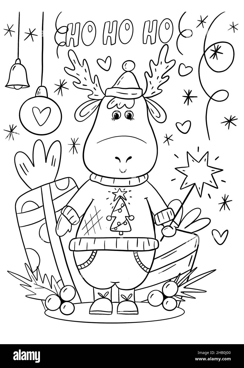 Weihnachten Malbuch Seite Illustration mit Cartoon Hirsch. Hohoho-Schriftzug. Färbung Illustration für Kinder. Stockfoto