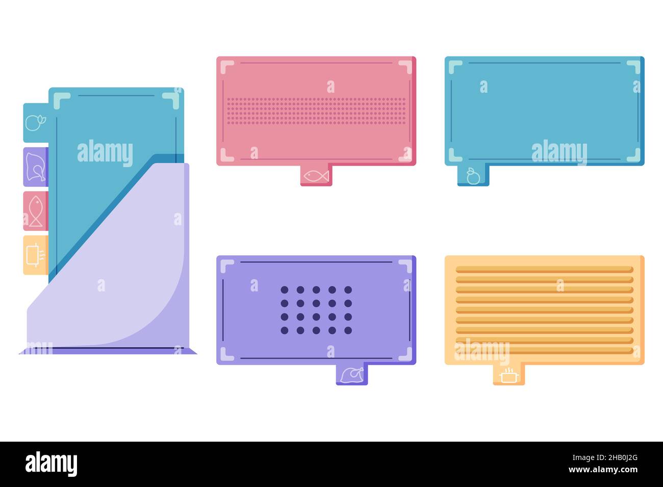 Ein Satz Bretter zum Kochen, bunte Bretter für verschiedene Produkte Fisch, Fleisch, Gemüse und Obst sowie ein Ständer für heiße Speisen. Schneidebrett Stock Vektor