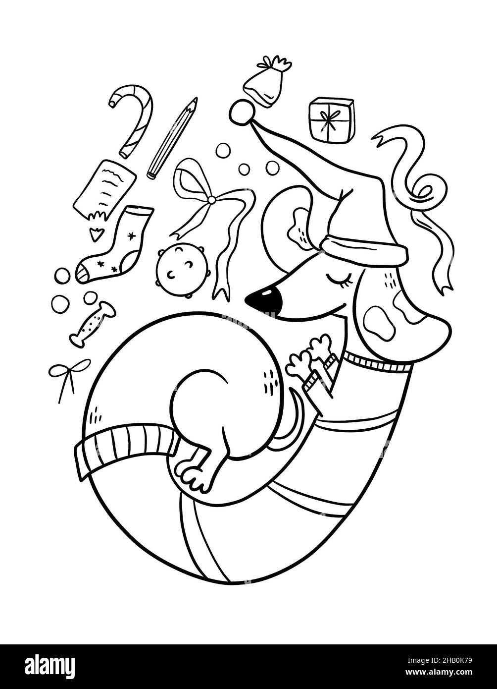 Weihnachten Dackel Färbung Buch Seite. Linie Kunst. Tier Färbung Seite. Stockfoto
