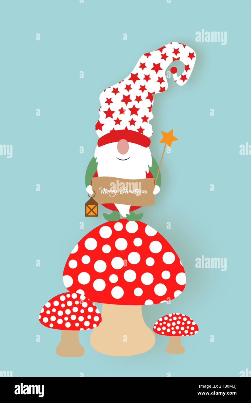 Weihnachts-Gnome über einem roten Pilz. Frohe Weihnachten Süße skandinavische nordische Weihnachtsmann Elf, Vektor isoliert auf blauem Hintergrund. Weihnachtselemente Stock Vektor
