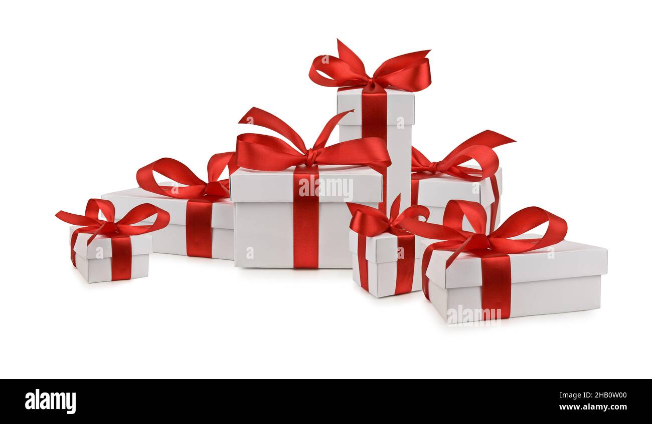 Set von Weihnachts-Geschenkbox mit roter Schleife isoliert auf weißem Hintergrund. Winter Urlaub Geschenk-Boxen Stockfoto