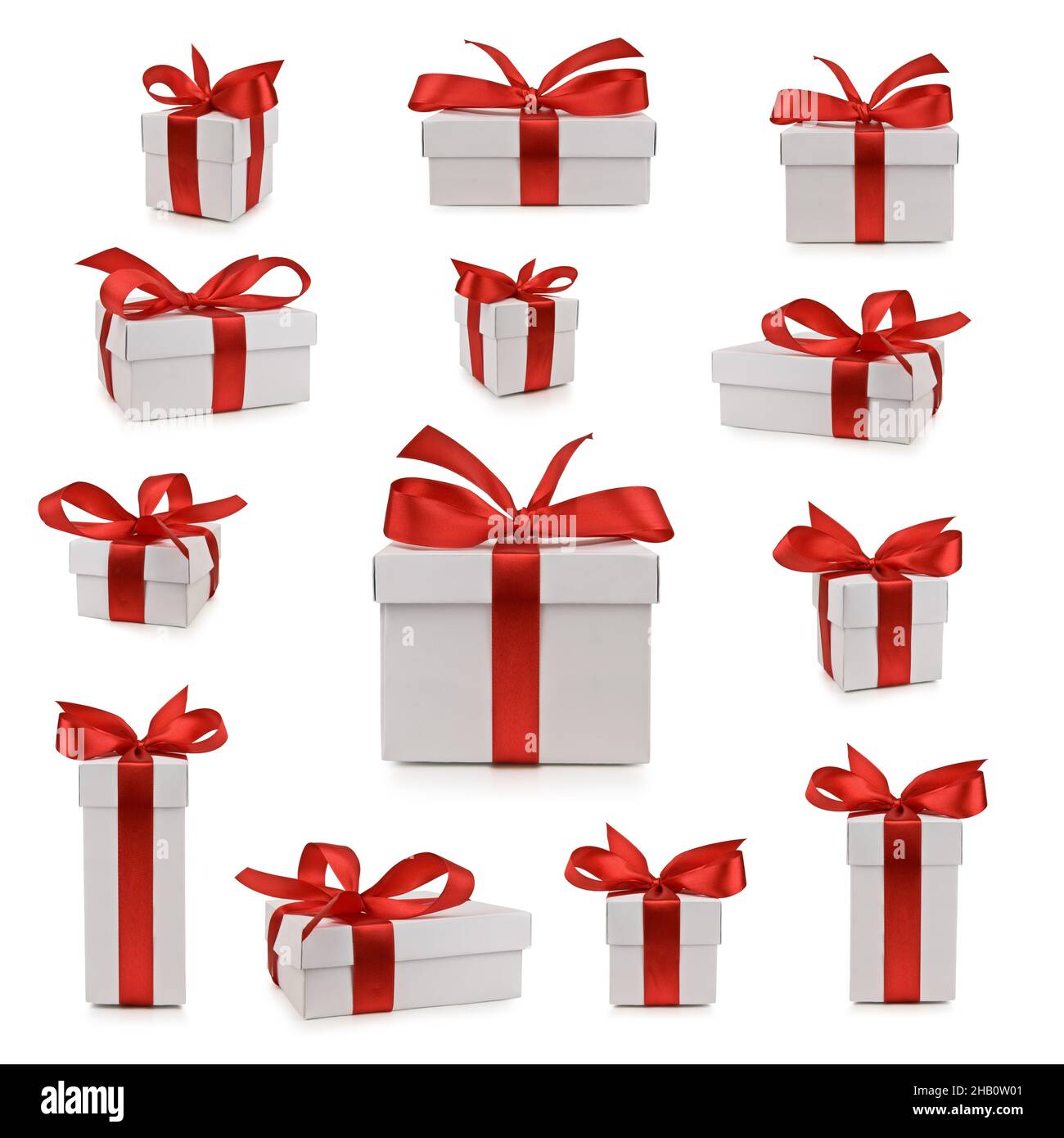 Set von Weihnachts-Geschenkbox mit roter Schleife isoliert auf weißem Hintergrund. Winter Urlaub Geschenk-Boxen Stockfoto