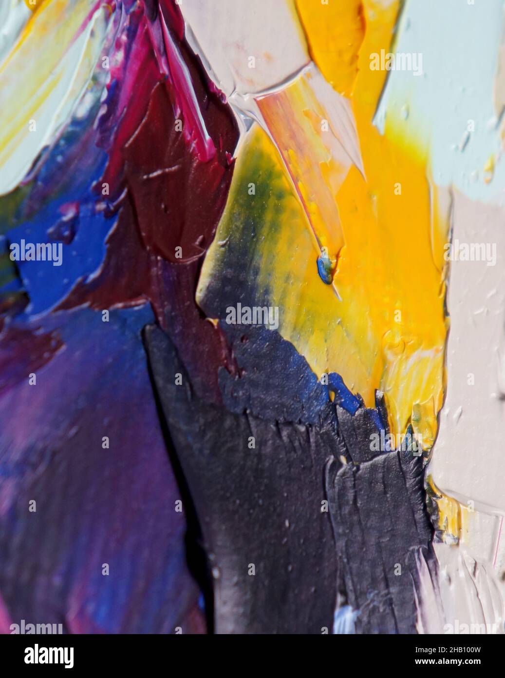Acryl, Farbe, abstrakt. Nahaufnahme des Gemäldes. Bunte abstrakte Malerei Hintergrund. Stark texturierte Ölfarbe. Stockfoto