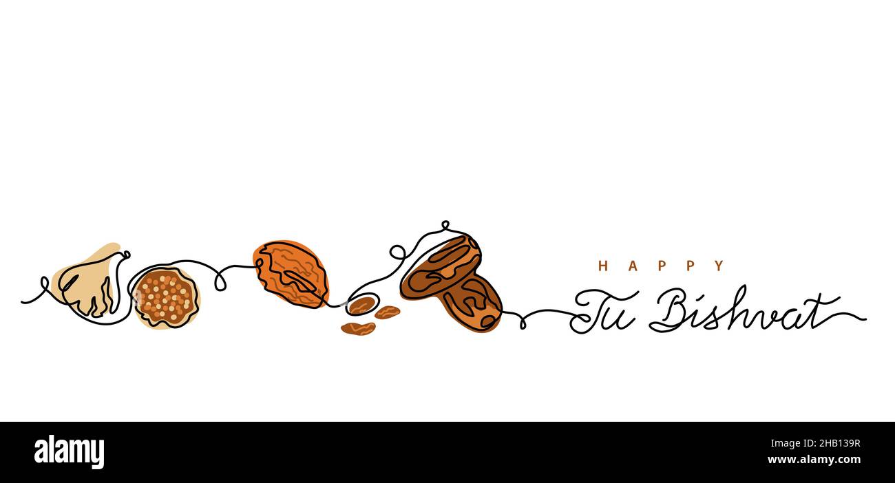 TU Bischvat, hebräischer Feiertag der Obstbäume. Eine Linie Kunstzeichnung von getrockneten Früchten Feigenfrüchte, Aprikose, Datteln. Vektorhintergrund, Banner, Poster. Di Stock Vektor