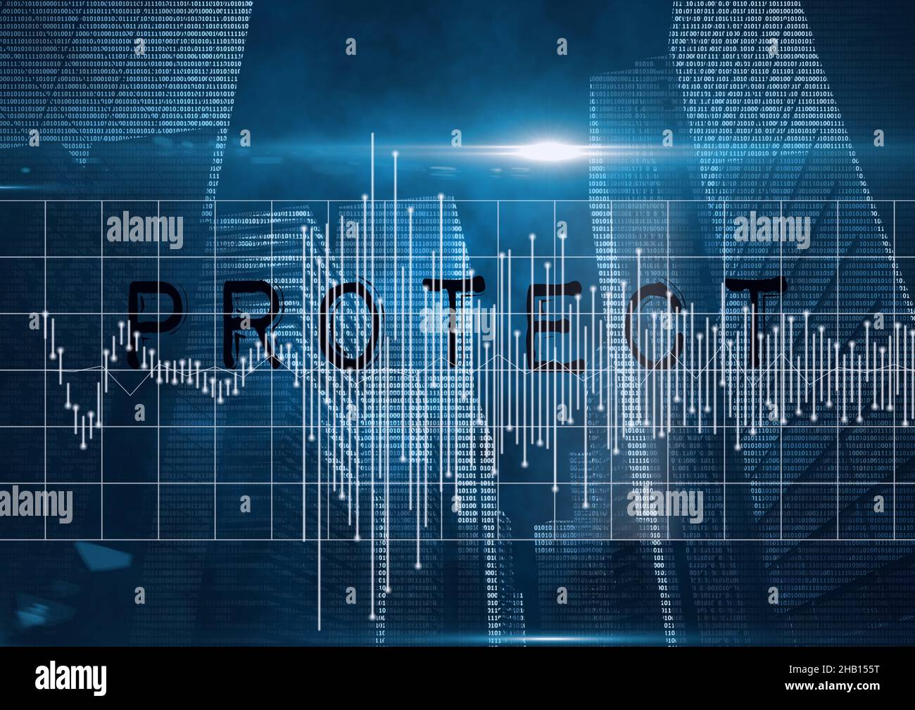 Schützen Sie Text über Diagramm vor Datenverarbeitung und Lichtfleck auf blauem Hintergrund Stockfoto