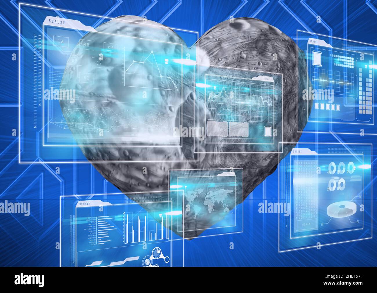 Mehrere Bildschirme mit Datenverarbeitung über herzförmigem Felsen vor blauem Hintergrund Stockfoto