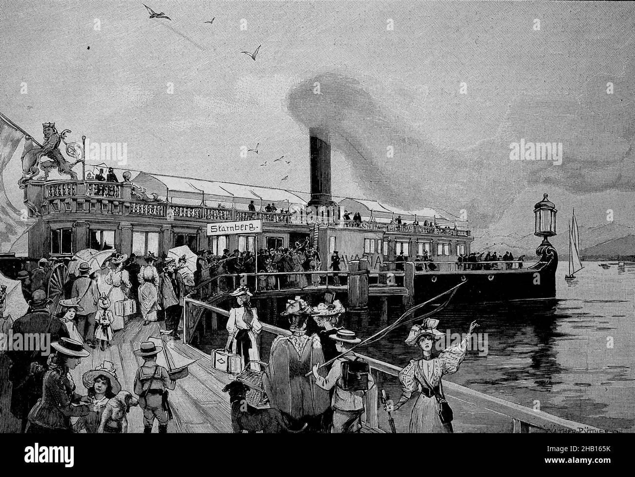 Im Sommerresort am Starnberger See mit dem Dampfer auf Exkursion, Bayern, Deutschland / in der Sommerfrische am Starnberger See mit dem Dampf auf Ausflug, Bayern, Deutschland, Historisch, historisch, Digital verbesserte Reproduktion eines Originals aus dem 19th. Jahrhundert / digital restaurierte Reproduktion einer Originalvorlage aus dem 19. Jahrhundert, Originaldatum nicht bekannt Stockfoto