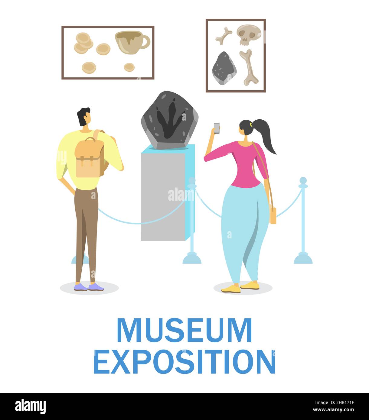 Ausstellung des Geschichtsmuseums, Vektordarstellung. Paar sehen ausgestorbene Tiere Fußabdruck, menschliche Knochen, alte Keramik. Stock Vektor