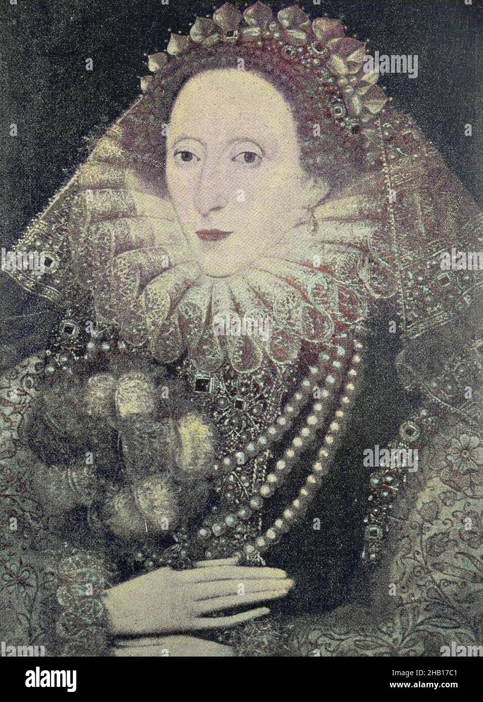 Elisabeth I., 7. September 1533 - 24. März 1603, war vom 17. November 1558 bis zu ihrem Tod am 24. März 1603 Königin von England und Irland. Manchmal auch die Jungfrau Königin, Gloriana oder gute Königin Bess genannt, Gemälde von Zucchero in Hamptoncourt nach einem Originalfoto von W.M. Spooner & Co. In London, England / Elisabeth I., 7. 1533. - 24. September. März 1603, Krieg Königin von England und Irland vom 17. November 1558 bis zu ihrem Tod am 24. März 1603. Manchmal auch The Virgin Queen, Gloriana oder Good Queen Bess genannt, Gemälde von Zucchero in Hamptoncourt nach einer Originalfotografie von W.M. S Stockfoto