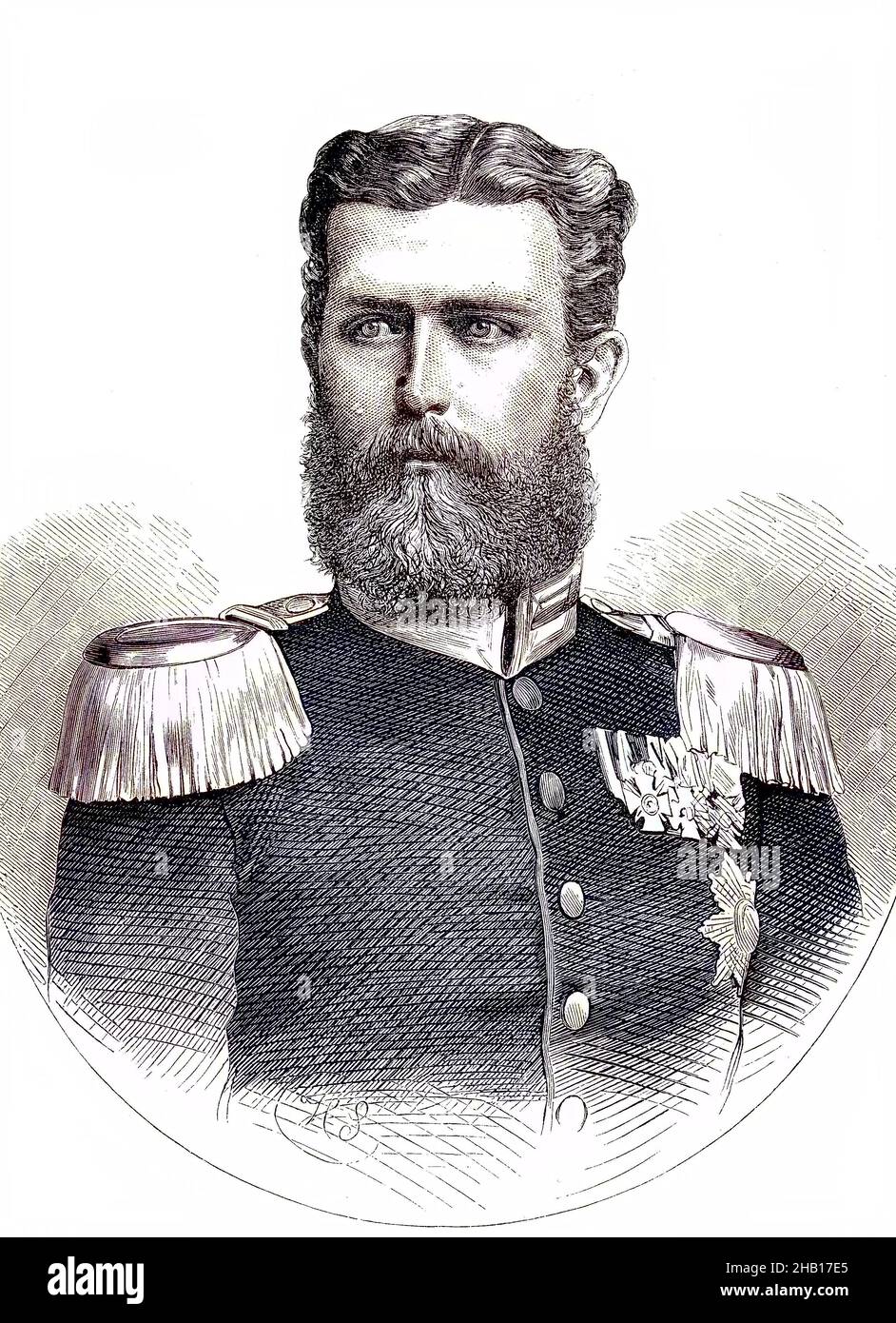 Porträt von Leopold, Prinz von Hohenzollern, in deutscher Sprache - Leopold Stephan Karl Anton Gustav Eduard Tassilo Fürst von Hohenzollern, 22. September 1835 - 8. Juni 1905, war Leiter des schwäbischen Zweiges des Hauses Hohenzollern und spielte eine flüchtige Rolle in der europäischen Machtpolitik, Im Zusammenhang mit dem Deutsch-Französischen Krieg / Porträt von Leopold, Fürst von Hohenzollern, in English - Leopold Stephan Karl Anton Gustav Eduard Tassilo Fürst von Hohenzollern, 22. 1835. - 8. September. Juni 1905, war das Oberhaupt des schwäbischen Zweiges des Hauses Hohenzollern und spielte eine flüchtige Rolle in Stockfoto