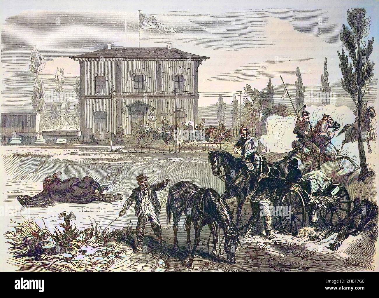 Soldaten mit den Pferden nach dem Biwak in Courcelles am Morgen des 16. August, Frankreich, deutsch-französischer Feldzug von 1870 / Soldaten mit den Pferden nach dem Biwak in Courcelles am Morgen des 16. August, Frankreich, deutsch-französischer Feldzug von 1870, historische, digital verbesserte Reproduktion eines Originals aus dem 19. Jahrhundert / digitale Reproduktion einer Originalvorlage aus dem 19ten Jahrhundert. Jahrhundert, Originaldatum nicht bekannt, Kolorierung, koloriert, handkoloriert, Handkolorierung, handfarbig, farbig Stockfoto
