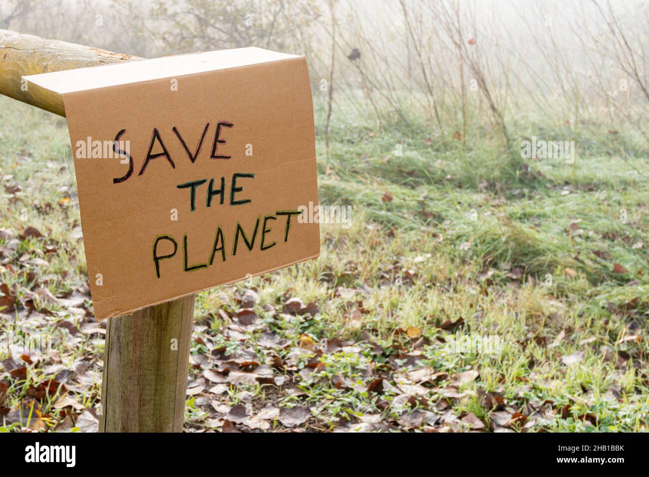 Pappschild mit dem Slogan Save the Planet auf dem Baumstamm mit dem verschwommenen Hintergrund Stockfoto