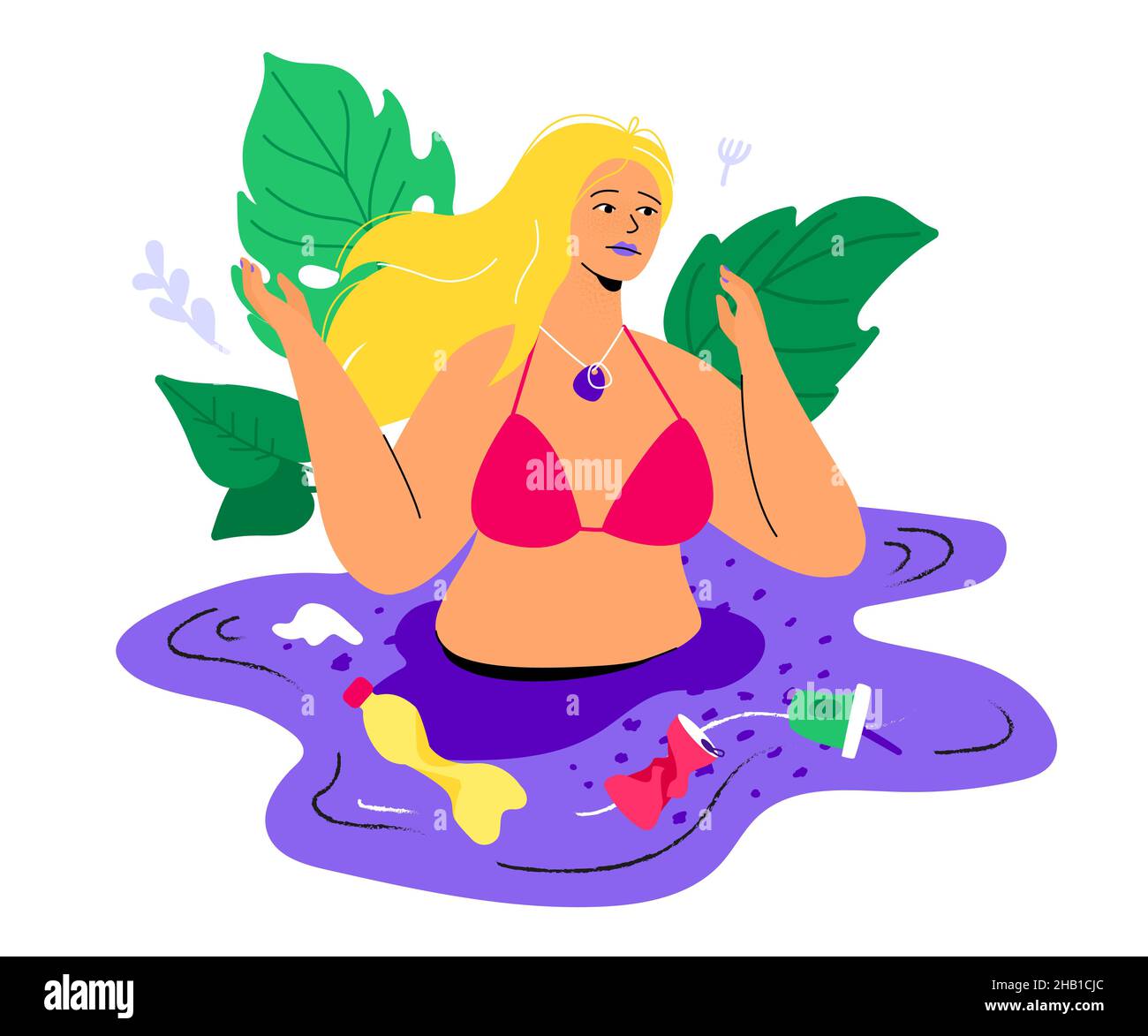 Weltmeere Verschmutzung - bunte flache Design Stil Illustration. Das Mädchen will im Wasser schwimmen, aber es wird vom Müll verdorben. Plastikflasche, wa Stock Vektor