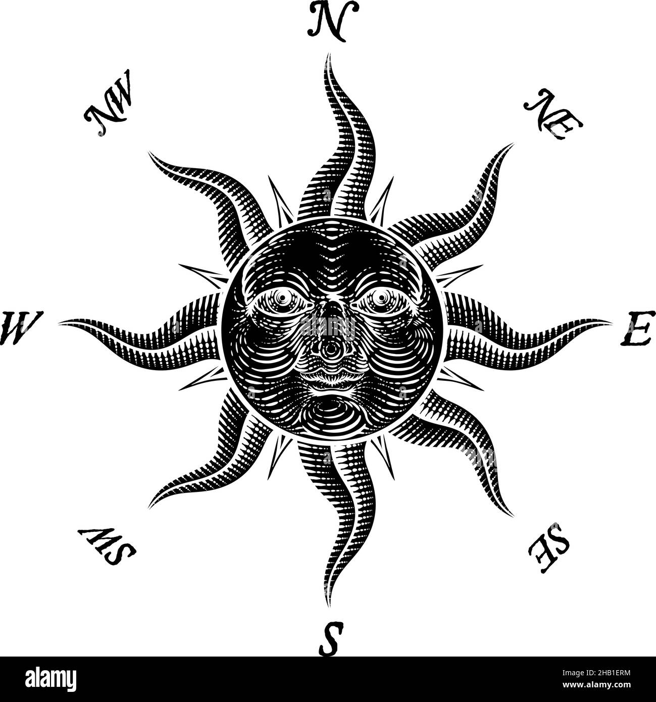 Kompass Sonne Gesicht Ätzrose Holzschnitt Zeichnung Stock Vektor
