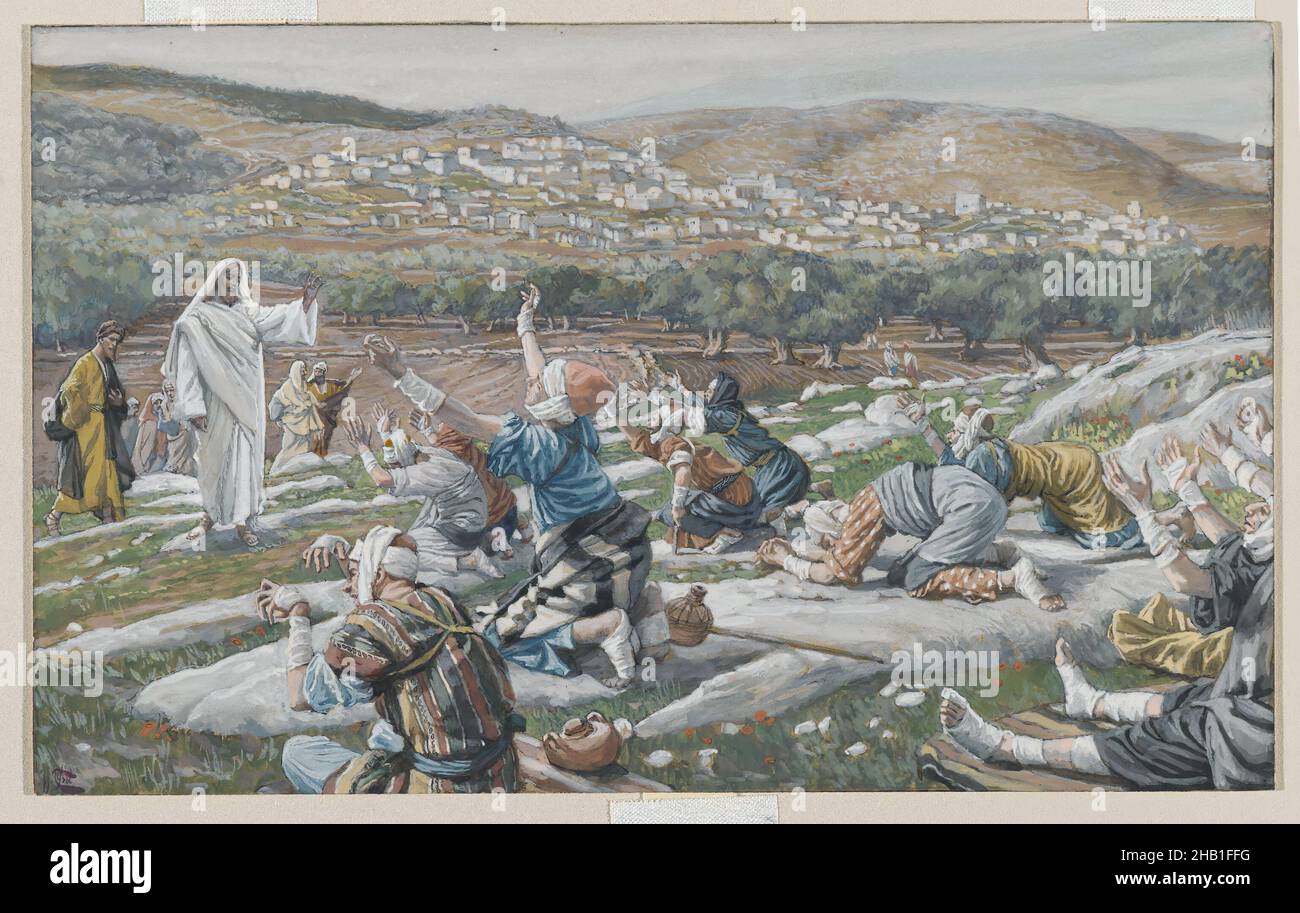 Die Heilung von zehn Leprakranken, Guérison de dix lépreux, das Leben unseres Herrn Jesus Christus, La Vie de Notre-Seigneur Jésus-Christ, James Tissot, Französisch, 1836-1902, Deckfarbenes Aquarell über Graphit auf grauem Wove-Papier, Frankreich, 1886-1896, Bild: 6 x 9 5/8 in., 15,2 x 24,4 cm, Verband, biblisch, Segen, Heilung, Hügel, Illustration, Jésus, Richter, Landschaft, lépreux, Wunder, Religion, Religion, Religion, Krankheit, Tissot, ungerecht Stockfoto