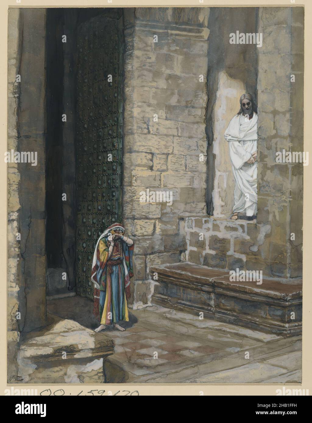 Die ehebrecherische Frau allein mit Jesus, La femme adultère seule avec Jésus, das Leben unseres Herrn Jesus Christus, La Vie de Notre-Seigneur Jésus-Christ, James Tissot, Französisch, 1836-1902, Deckfarbenes Aquarell über Graphit auf grauem Wove-Papier, Frankreich, 1886-1894, Bild: 9 3/16 x 7 1/8 Zoll, 23,3 x 18,1 cm, Christentum, religiöse Kunst, Frau Stockfoto