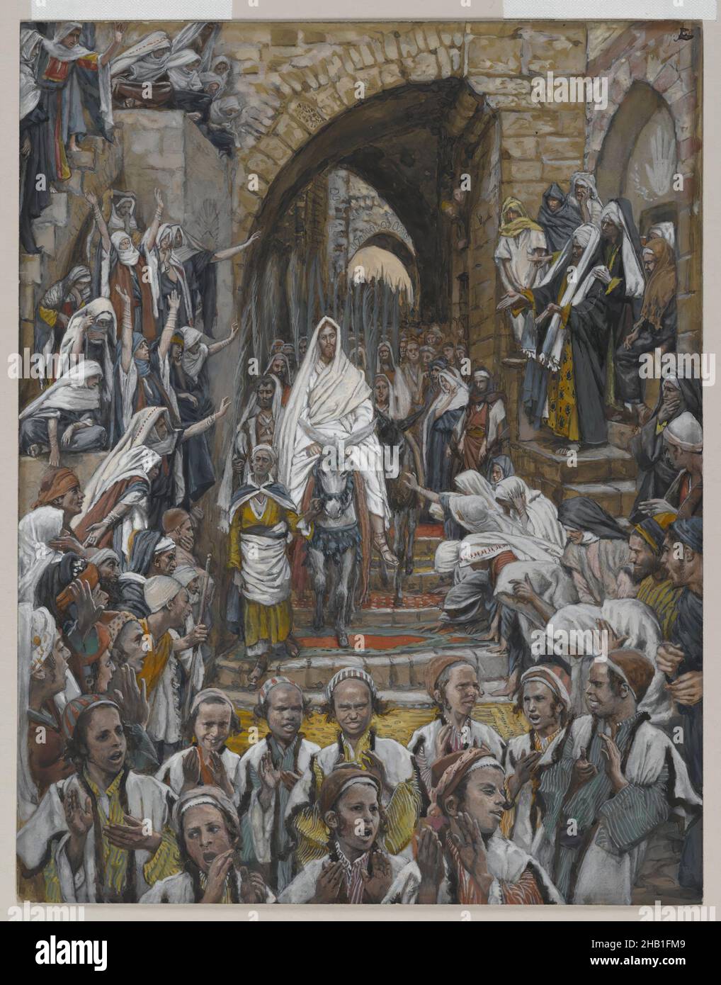 Die Prozession in den Straßen Jerusalems, Le cortège dans les rues de Jérusalem, das Leben unseres Herrn Jesus Christus, La Vie de Notre-Seigneur Jésus-Christ, James Tissot, Französisch, 1836-1902, Deckfarbenes Aquarell über Graphit auf grauem Wove-Papier, Frankreich, 1886-1894, Bild: 8 7/8 x 6 15/16 Zoll, 22,5 x 17,6 cm, Bibel, biblisch, Katholizismus, Christus, Christentum, Masse, europäisch, Zahlen, französisch, jesus, Matthäus 21:10-11, Messias, Neues Testament, Passion, Menschen, Religion, Religion, Tissot Stockfoto