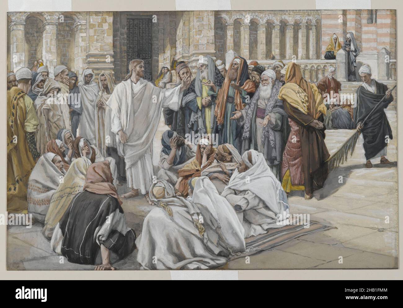 Die Pharisäer befragen Jesus, Les pharisiens Questionent Jésus, das Leben unseres Herrn Jesus Christus, La Vie de Notre-Seigneur Jésus-Christ, James Tissot, Französisch, 1836-1902, Deckfarbenes Aquarell über Graphit auf grauem Wove-Papier, Frankreich, 1886-1894, Bild: 7 3/8 x 11 1/8 in., 18,7 x 28,3 cm, 19th Jahrhundert, biblisch, christlich, Christentum, Christentum, Menschenmengen, Franzosen, Gospel Harmony, James Tissot, Jesus, Jesus Christus, Vortrag, Leben Christi, Markus 12:28-34, Männer, Neues Testament, Pharisäer, Prophet, religiös, Szene aus der Bibel, Serie, Geschichtenerzähler, Tempel, Tissot Stockfoto