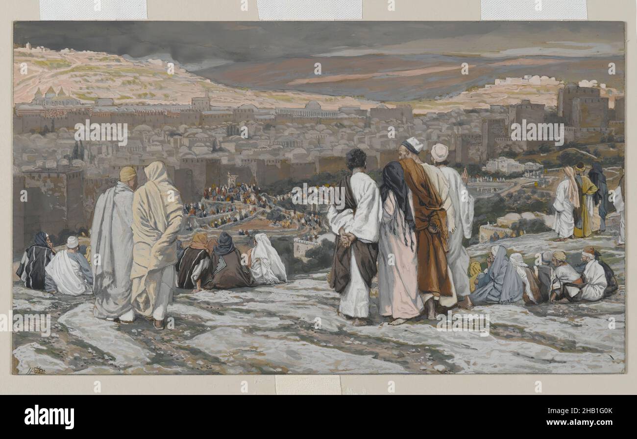 Die Jünger, die ihr Versteck verlassen haben Watch from Afar in Agony, Les Disciples ayant quitté leur retraite assistent de loin au supplice, das Leben unseres Herrn Jesus Christus, La Vie de Notre-Seigneur Jésus-Christ, James Tissot, Französisch, 1836-1902, Deckfarbenes Aquarell über Graphit auf grauem Webpapier, Frankreich, 1886-1894, Bild: 5 1/16 x 8 3/4 Zoll, 12,9 x 22,2 cm, biblische Kunst, Christentum, Jesus Christus, Lukas 23:49, Religiös, Tissot Stockfoto