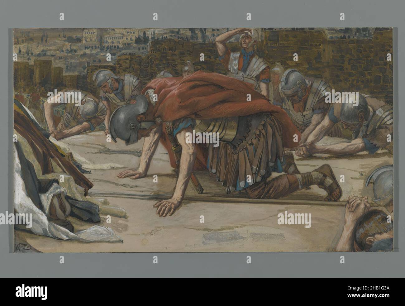 Das Bekenntnis des Centurion, La Confession du Centurion, das Leben unseres Herrn Jesus Christus, La Vie de Notre-Seigneur Jésus-Christ, James Tissot, Französisch, 1836-1902, Deckfarbenes Aquarell über Graphit auf grauem Wove-Papier, Frankreich, 1886-1894, Bild: 6 7/16 x 10 7/8 in., 16,4 x 27,6 cm, gebeugt, gebeugt, Centurion, Beichte, Konversion, Kreuzigung, Figuren, französischer Künstler, Guten Tag, Demut, Jesus, knieend, Longinus, Lukas 23:47, Markus 15:39, Menschen, bedauern, religiös, Religiöse Kunst, Ehrfurcht, römische, römische Armee, Soldat, Speer, Tissot, Aquarell Stockfoto