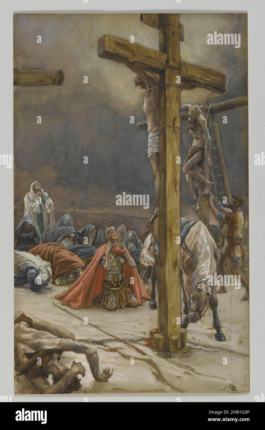 The Confession of Saint Longinus, Confession de Saint Longin, The Life of Our Lord Jesus Christ, La Vie de Notre-Seigneur Jésus-Christ, James Tissot, Französisch, 1836-1902, Deckfarbenes Aquarell über Graphit auf grauem Seidenpapier, Frankreich, 1886-1894, Bild: 8 7/8 x 5 1/2 in., 22,5 x 14 cm, Umhang, Zenturion, Beichte, Konversion, Kreuz, Kreuzigung, Kreuzigung, jesus, Leiter, Longinus, Passion, religiöse Kunst, Ehrfurcht, Roman, Tut mir leid, Theives, Tissot Stockfoto