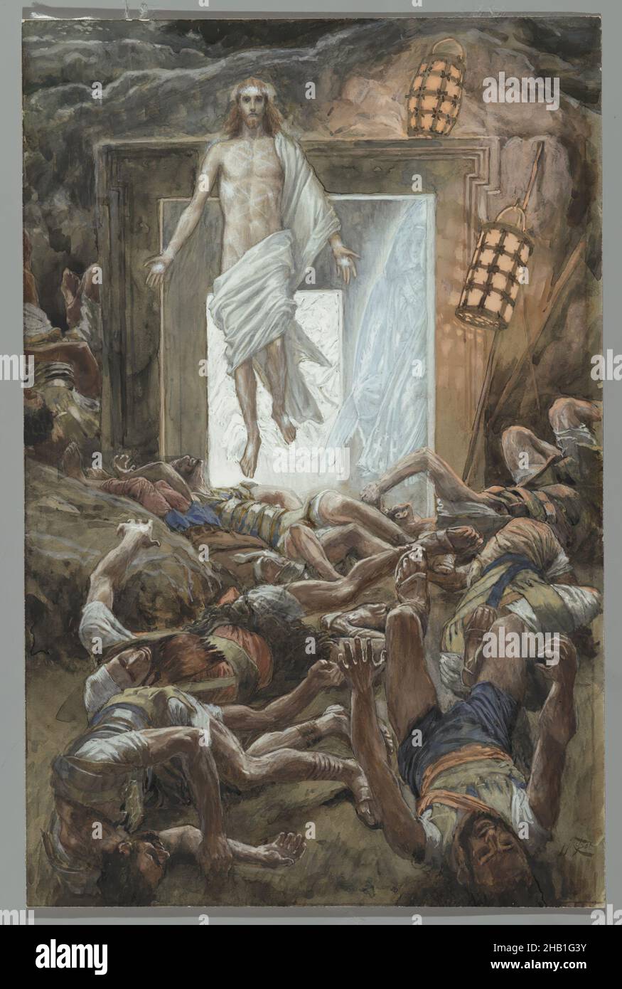 Die Auferstehung, La Résurrection, das Leben unseres Herrn Jesus Christus, La Vie de Notre-Seigneur Jésus-Christ, James Tissot, Französisch, 1836-1902, Deckfarbenes Aquarell über Graphit auf grauem Wove-Papier, Frankreich, 1886-1894, Bild: 12 13/16 x 8 5/16 Zoll, 32,5 x 21,1 cm, 19th Jahrhundert, Engel, Bibel, biblisch, Katholizismus, christ, christentum, ostern, Glaube, französisch, Graphit, Wachen, James Tissot, Jesus, Jesus Christus, männliche Gestalten, Matthäus 28:4-6, Männer, Messias, Neues Testament, Malerei, Religion, Religion, religiöse Kunst, Auferstehung, auferstanden, Stationen des Kreuzes, Tissot, Grab, Aquarell, gewebt Papier Stockfoto