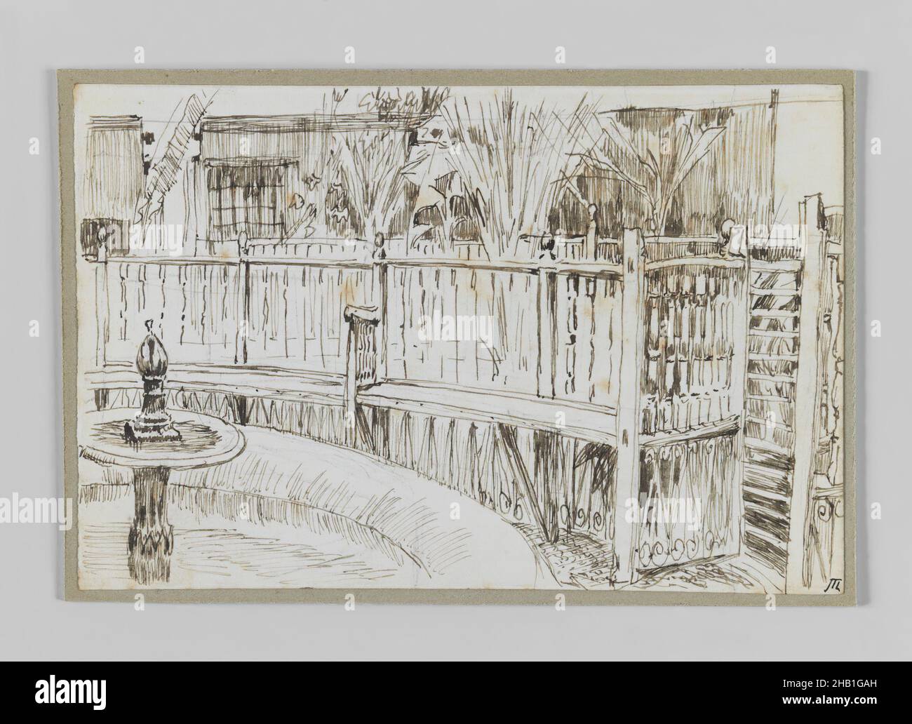 Garden of the Dancing Dervishes, Cairo, Jardin des derviches tourneurs au Caire, The Life of Our Lord Jesus Christ, La Vie de Notre-Seigneur Jésus-Christ, James Tissot, Französisch, 1836-1902, Stift und Tinte auf Papier auf Karton, Afrika, 1886-1887 oder 1889, Blatt: 3 9/16 x 5 3/16 Zoll, 9,1 x 13,1 cm, Kairo, Zeichnung, ägypten, Zaun, Garten, IMLS, Landschaft, Tissot Stockfoto