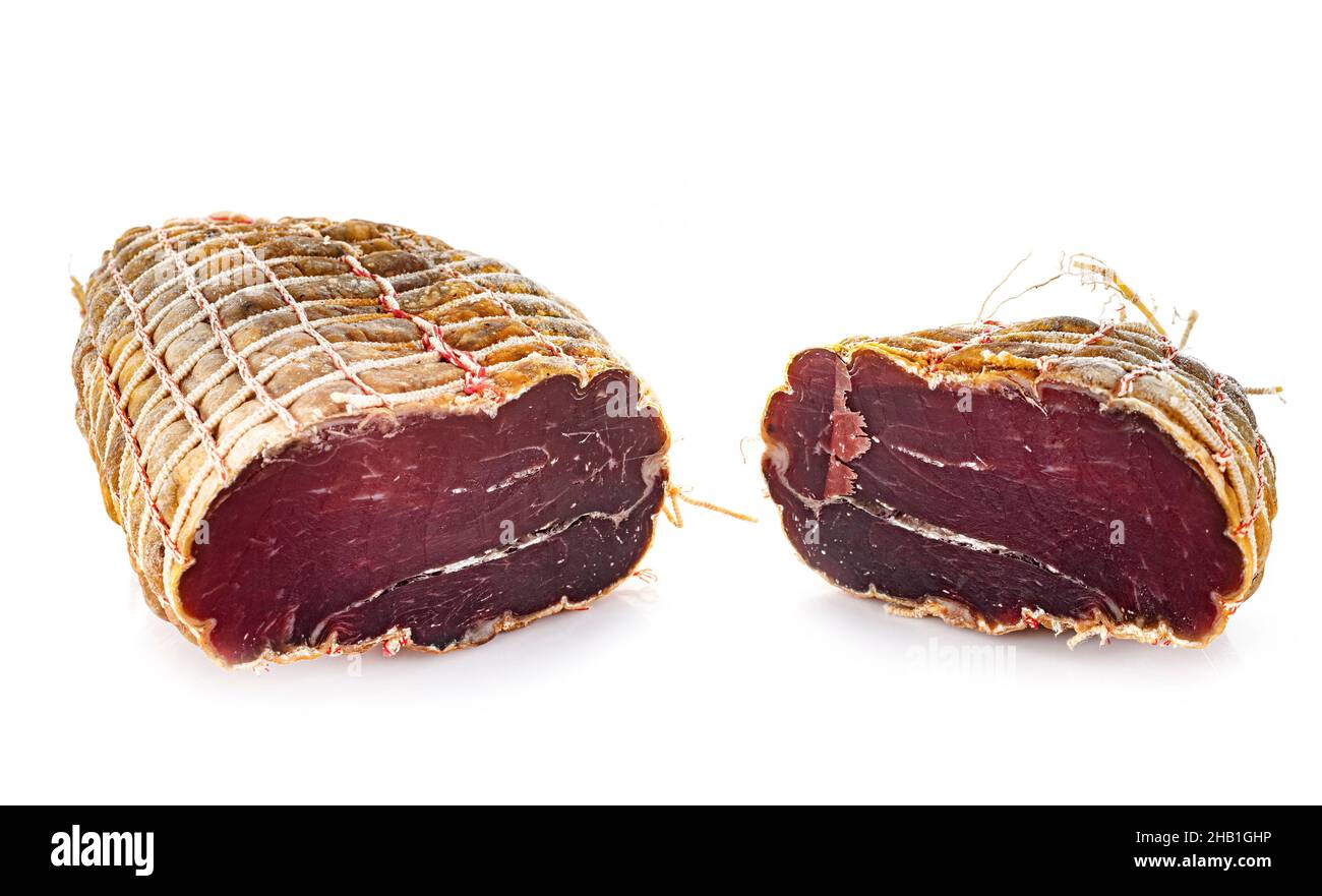 Speckfleisch vor weißem Hintergrund Stockfoto