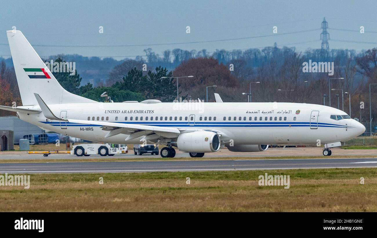 STANSTED AIRPORT, ESSEX, A6-MRS, DUBAI AIR WING / ROYAL FLIGHT, BOEING 737-800 BBJ2, Stockfoto