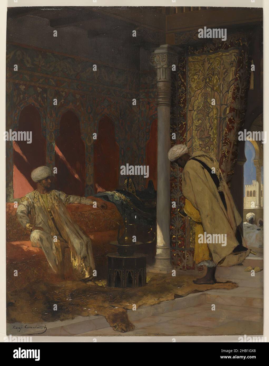 The Order of the Grand Vizier, Jean-Joseph-Benjamin Constant, French, 1845-1902, Öl auf Leinwand, Europa, n.d., 21 11/16 x 16 15/16 Zoll, 55,1 x 43,0 cm, verbeugt, egal, Elite, exotisch, Innen, jalabiya, kaftan, kettiyah, Lebensstil, löwenhaut, Naher Osten, Ölgemälde, opulent, Orientalismus, Ottoman, Macht, Premierminister, Herrscher, shemagh, Turban, Türkisch Stockfoto