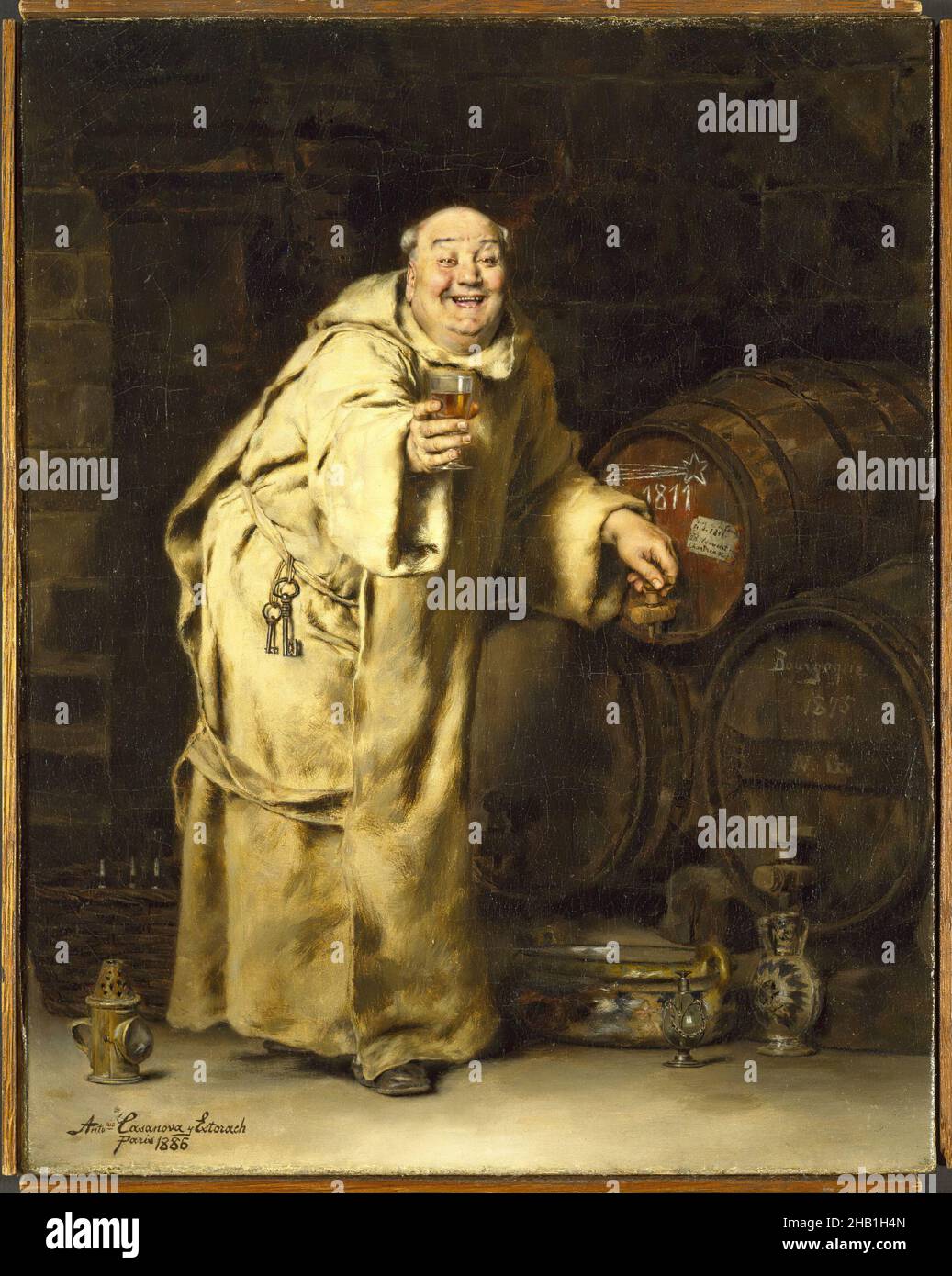 Monk Testing Wine, Antonio Casanova y Estorach, Spanisch, 1847-1896, Öl auf Leinwand, Spanien, 1886, 16 3/16 x 12 3/4 Zoll, 41,1 x 32,4 cm, 19th Jahrhundert, Glatze, Fass, Getränk, Fass, jubeln, betrunken, Figur, Essen und Trinken, Berauscht, fröhlich, libation, Mönch, Öl auf Leinwand, Lächelnd, spanisch, spanische Malerei, Wein, Arbeiter Stockfoto