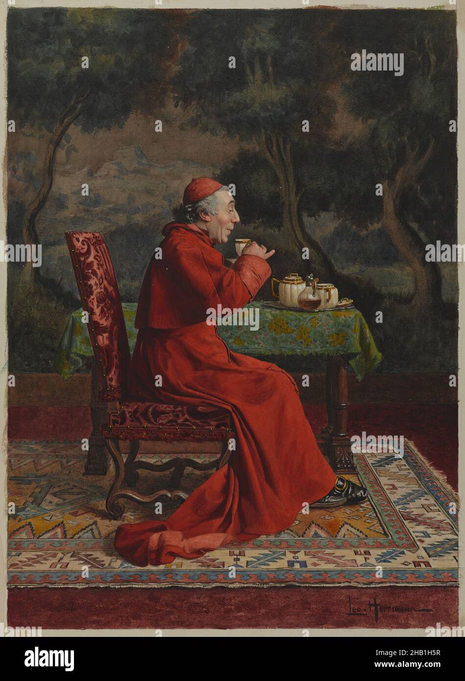 Kardinal, Der Tee Nimmt, Léo Herrmann, Französisch, 1853-1927, Gouache, Aquarell und Graphit auf Wove-Papier, Frankreich, n.d., Bild: 10 13/16 x 7 7/8 Zoll, 27,5 x 20 cm, antikatholisch, Getränk, Brokat, Kardinal, Teppich, katholisch, Tasse, dekorativ, Essen und Trinken, Französisch, Gouache, grahite, grün, Freizeit, Leo Hermann, kleiner Finger, Luxus, Wandbild, orientalisch, pinkie, Topf, Profil, rot, Entspannung, Teppich, Untertasse, Scharlach, sitzende Figur, Wandteppich, Tee, Teezeit, Bäume, Aquarell, Webe Papier Stockfoto