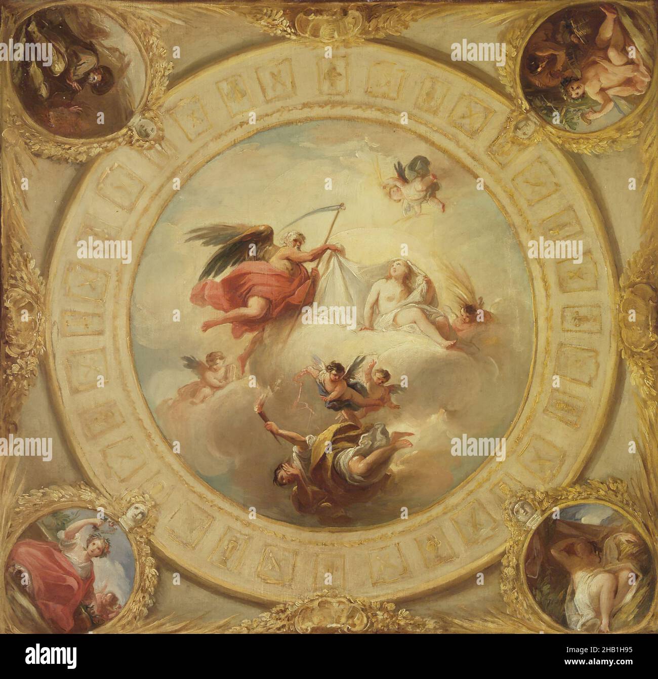 Zeit, die Wahrheit entdeckt, Skizze, Mariano Salvador de Maella, Spanisch, 1739-1819, Öl auf Leinwand, Spanien, 1765, 22 x 23 3/4 Zoll, 55,9 x 60,3 cm, Decke, europäisch, Figuren, Öl auf Leinwand, scythe, Spanische Malerei Stockfoto