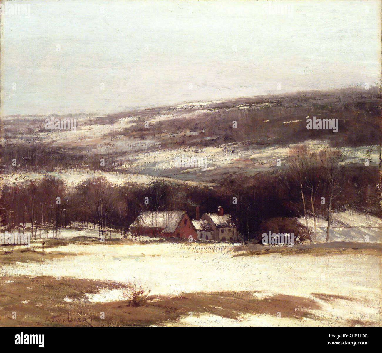 Winterlandschaft, Alexander Theobald van Laer, amerikanisch, 1857-1920, Öl auf Leinwand, ca. 1907, 32 3/16 x 27 15/16 Zoll, 81,8 x 71 cm, American Painting, Scheune, ca. 1907, gemütlich, öde, Bauernhof, Landschaft, Leben, Öl auf Leinwand, Malerei, Ebene, Ruhe, Rot, ländlich, Jahreszeit, Schnee, Bäume, Weiß, Winter Stockfoto