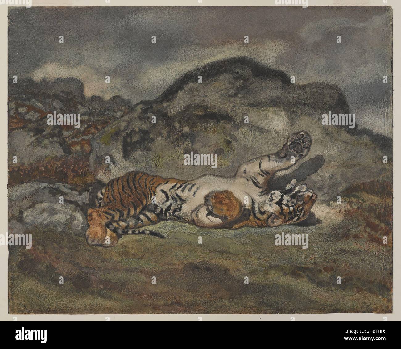 Rolling Tiger, Tigre se roulant, Antoine-Louis Barye, französisch, 1795-1875, Aquarell und opakes Aquarell auf Wove-Papier, Frankreich, ca. 1840, Blatt: 9 5/16 × 11 5/16 Zoll, 23,7 × 28,7 cm, Tier, barye, Tier, Katze, Deadly, europäische, Französische Kunst, indien, Landschaft, Nacht, Pfoten, verspielt, pussycat, entspannt, Felsig, gestreift, Rückenlage, Schwanz, Tiger, Aquarell und Gouache, wild Stockfoto
