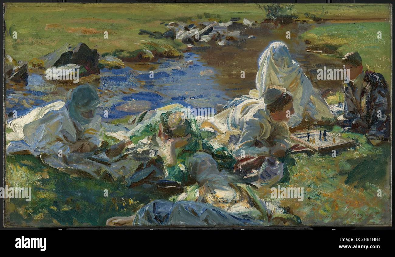 Dolce Far Niente, John Singer Sargent, Amerikaner, geboren Italien, 1856-1925, Öl auf Leinwand, ca. 1907, 16 1/4 x 28 1/4 Zoll, 41,3 x 71,7 cm, American, American Art, blau, Karton, Bücher, Schach, auf dem Land, Bach, Spiel, Gras, grün, Impressionismus, Landschaft, Freizeit, Lounge, Mittagessen, Natur, ndd12, Ölgemälde, Open Book, Orientalisierung, Outdoor, Ausflug, Malerei, park, Menschen, plein air, Reflexion, Entspannung, Roben, Tücher, Strom, Sonnenlicht, sonnig, Wasser, Frau, Frau beim Lesen, Frauen und Bücher Stockfoto