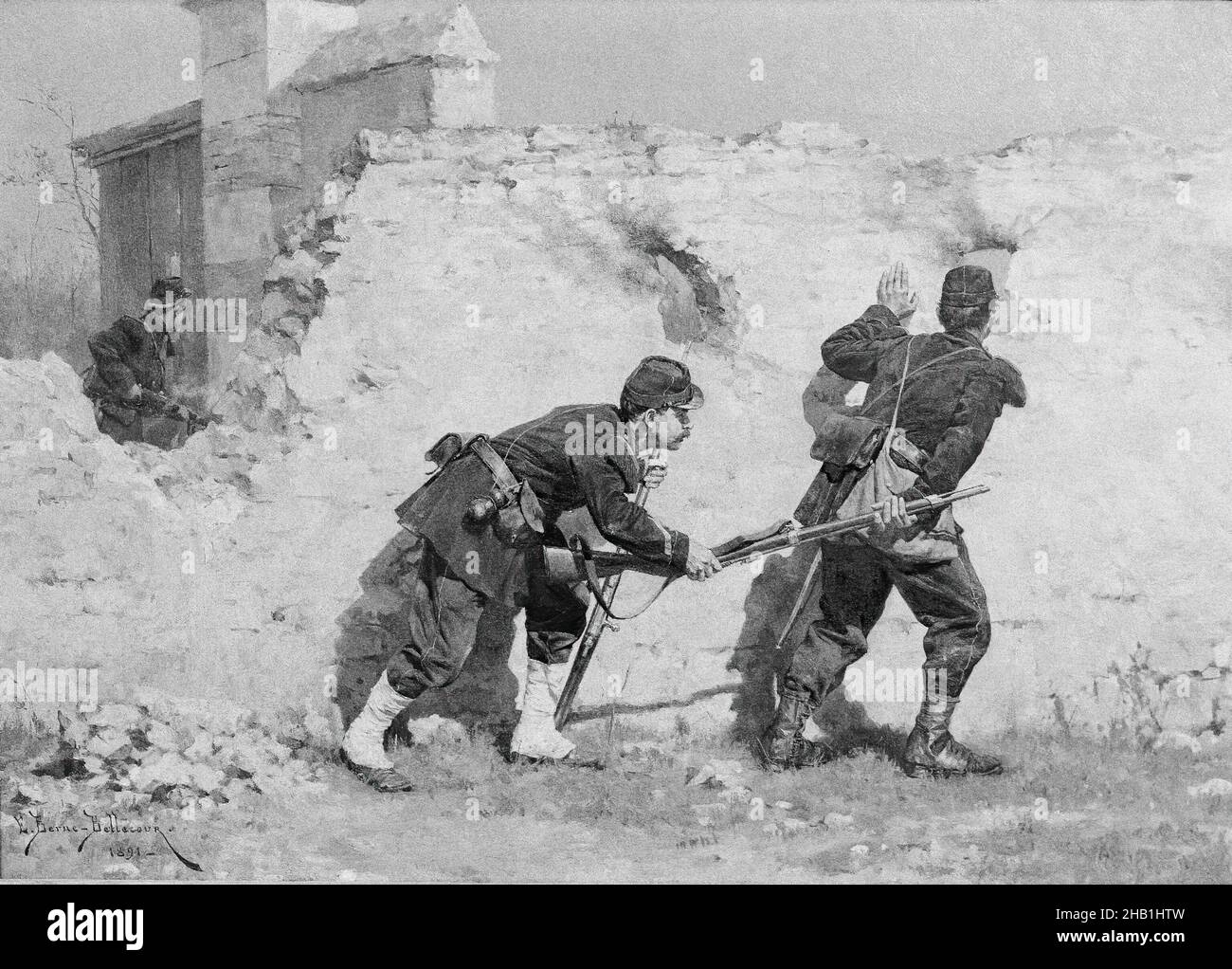 Picket Guards, Etienne Prosper Berne-Bellecour, Französisch, 1838-1910, Öl auf Tafel, Frankreich, 1891, 17 x 24 Zoll, 43,2 x 61 cm, 1891, Schlacht, Französische Malerei, kepi, Männer, Öl auf Tafel, Gewehre, Soldaten, Tarnung, Uniformen, Wand, Krieg Stockfoto