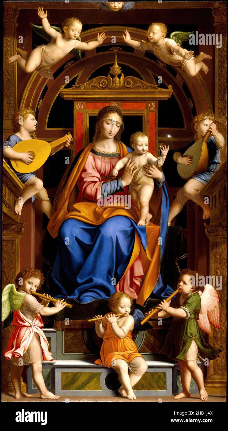 Madonna mit Kind auf dem Thron der Engel, Werkstatt von Bernardino Luini, Italienisch, Mailänder Schule, um 1480-1532, Öl auf Pappeltafel, Italien, Mitte 16th. Jahrhundert, 96 3/4 x 54 1/16 Zoll, 245,7 x 137,3 cm, Engel, Baby, Christus, Christkind, christchild, dramatisch, thronend, Familie, Flöte, Formelle Balance, heilig, Laute, Madonna, Madonna mit Kind, Mary, Mittelalter, Musik, Musiker, ndd13, Königin, Ordensfrau, Jungfrau Maria Stockfoto